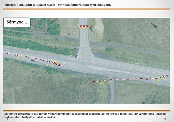 Merkingar sem sýna lokun Aðalgötu og umferð framhjá gatnamótum Aðalgötu og Reykjanesbrautar