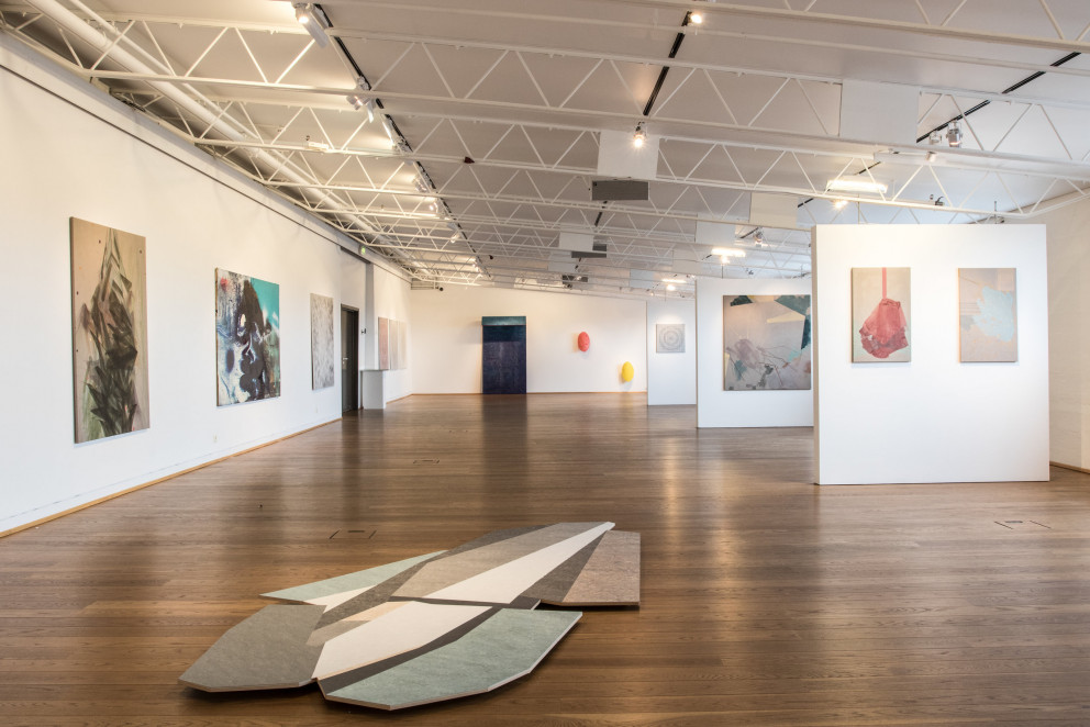 Horft yfir verkin á sýningunni A17 í Listasal Duus Safnahúsa.