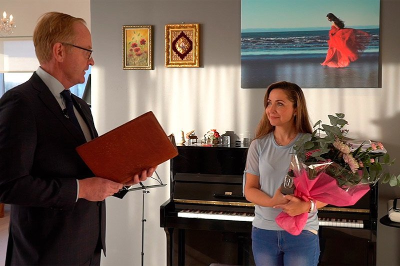 Kjartan Már Kjartansson og Alexandra Chernyshova við afhendingu Súlunnar, menningarverðlauna Reykja…