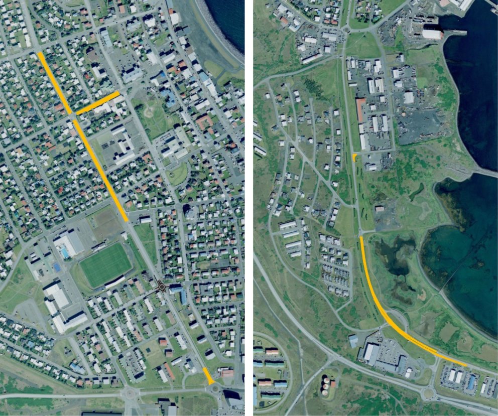 Gulu línurnar sýna þær götur þar sem fræsing malbikslaga fer fram.