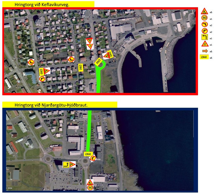 Hér má sjá vegakaflann sem verður lokaður og hjáleiðir.