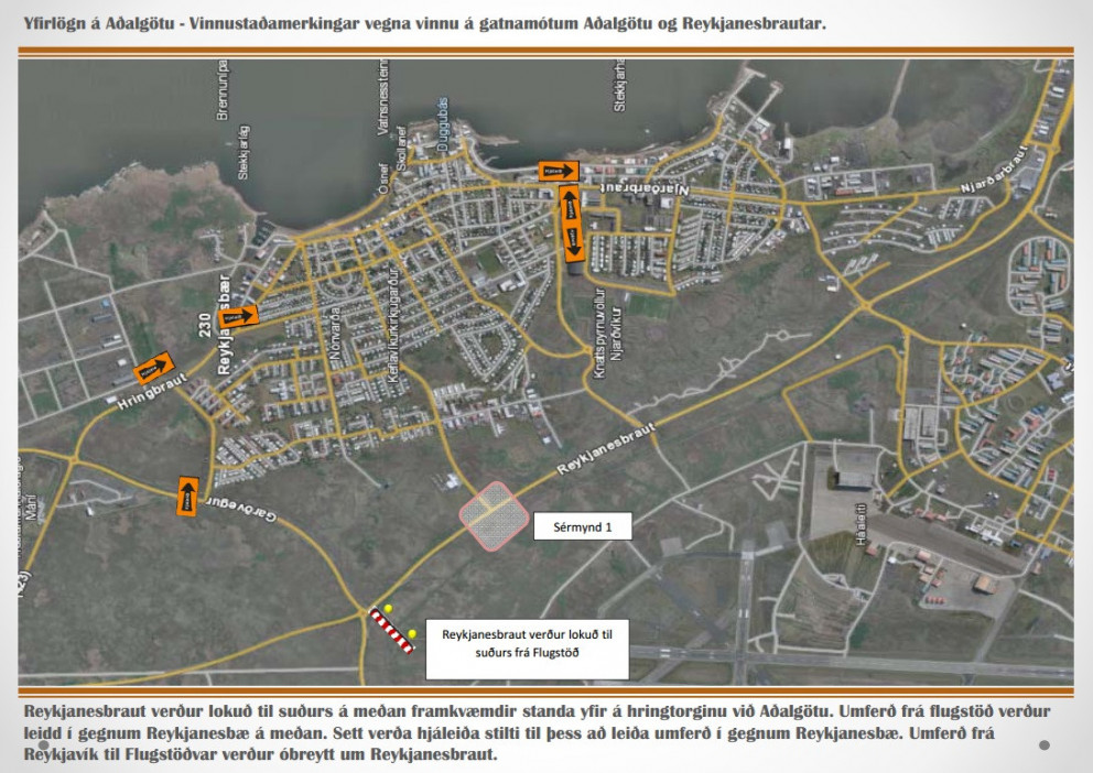 Vinnustaðamerking sem sýnir hvar umferð verður leidd í gegnum bæinn.