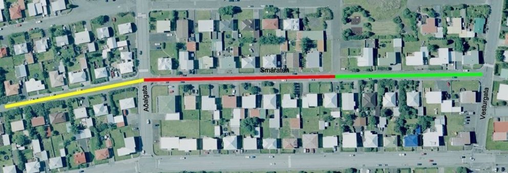 Vinna við þriðja og síðasta áfanga (merktur með grænu á myndinni) á endurnýjun lagna við Smáratún h…