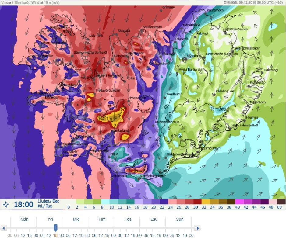 Vindaspá Veðurstofu Íslands kl. 18:00 þriðjudaginn 10. desember. Ljósmynd: Veðurstofa Íslands