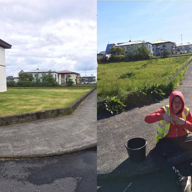Fyrir og eftir mynd frá horni Vesturgötu og Birkiteigs #teamHeiðarskóli. Ljósmynd af Facebook síðu …