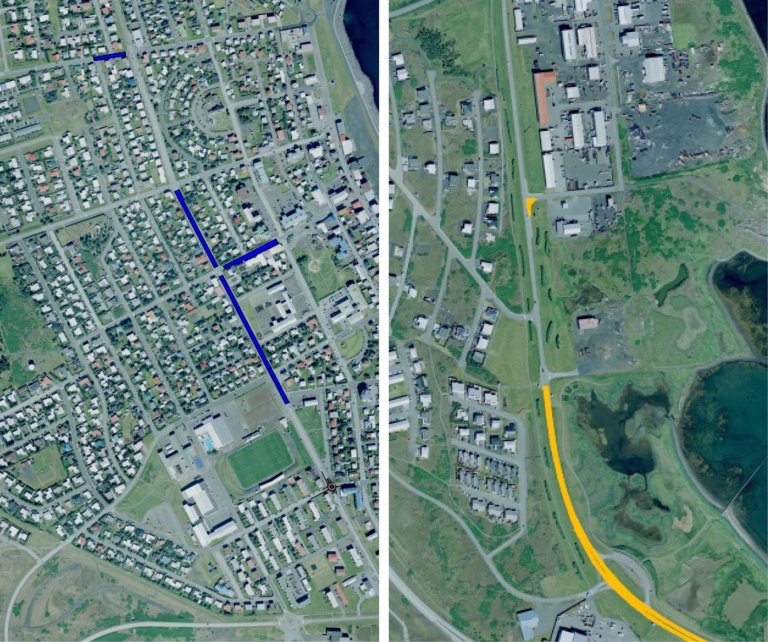 Staðsetningar malbikunarframkvæmda er auðkenndar með bláum lit, en staðsetning fræsingar með gulum.