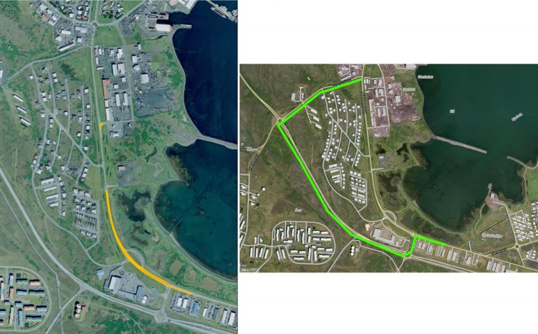 Gulu línurnar sýna malbikunarframkvæmdir á Njarðarbraut og græna lína sýnir nýja akstursleið R2 í d…