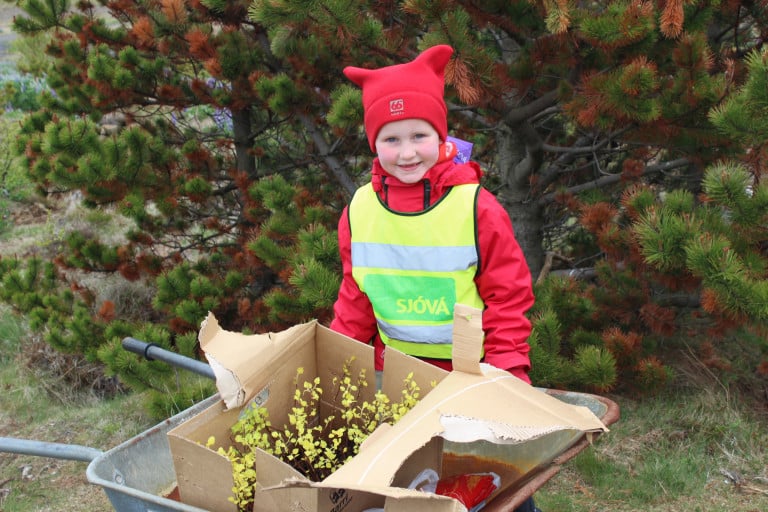 Barn af leikskólanum Gimli við gróðursetningu í Barnalundi ofan við Gónhól.