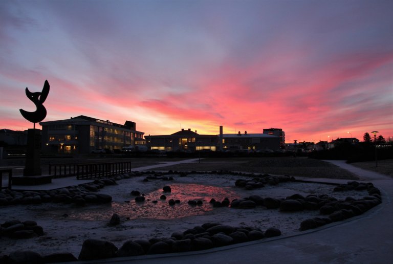 Bakhlið Heilbrigðisstofnunar Suðurnesja á fallegum vetrarmorgni.
