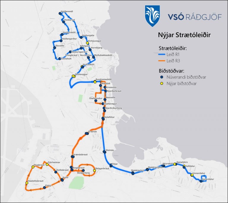 Hér má sjá nýjar og uppfærðar strætóleiðir sem taka gildi 6. janúar 2020. Ljósmynd: VSÓ ráðgjöf