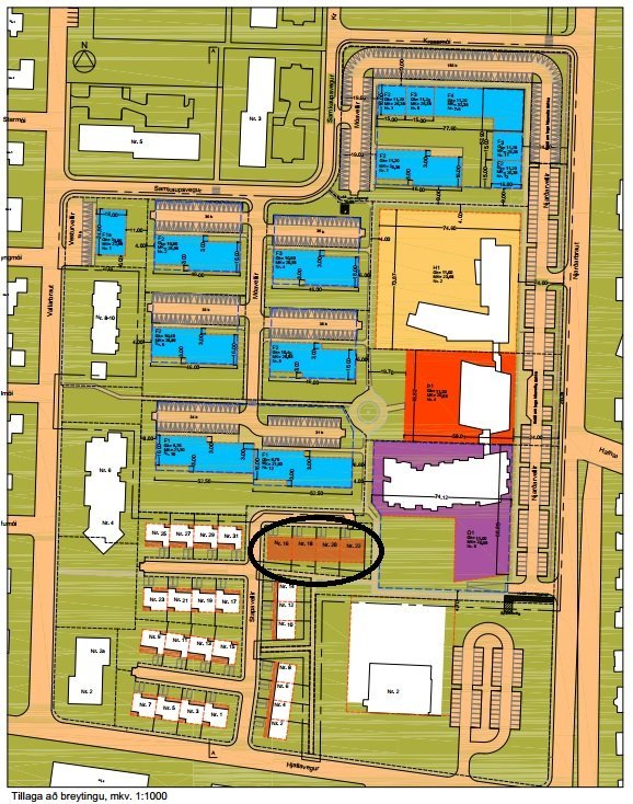 Úr deiliskipulagi svæðisins. Svartur hringur er umhverfis Stapavelli 16-22