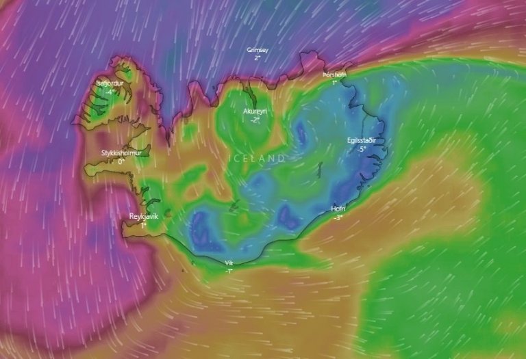 Hér má sjá hvernig áætlað er að veðrið verði kl. 16:00 í dag. Ljósmynd af Windy.com
